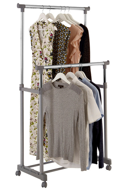 Ralesi Grey & Chrome Double Clothes Rail on Wheels | Two-Tier Storage