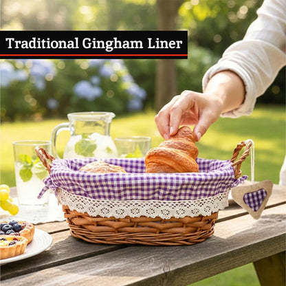 Orla Willow Bread Basket with Purple Gingham Lining