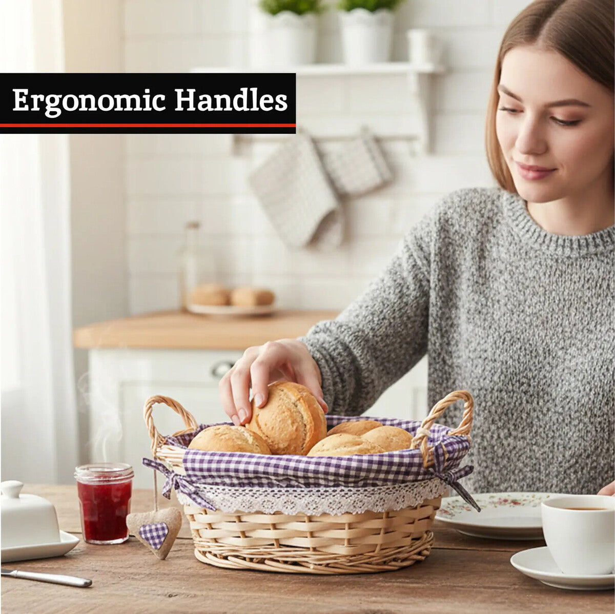 Orla Willow Bread Basket with Purple Gingham Lining