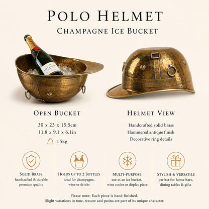 Solid Antique Brass Polo Helmet Champagne Ice Bucket | Wine Cooler