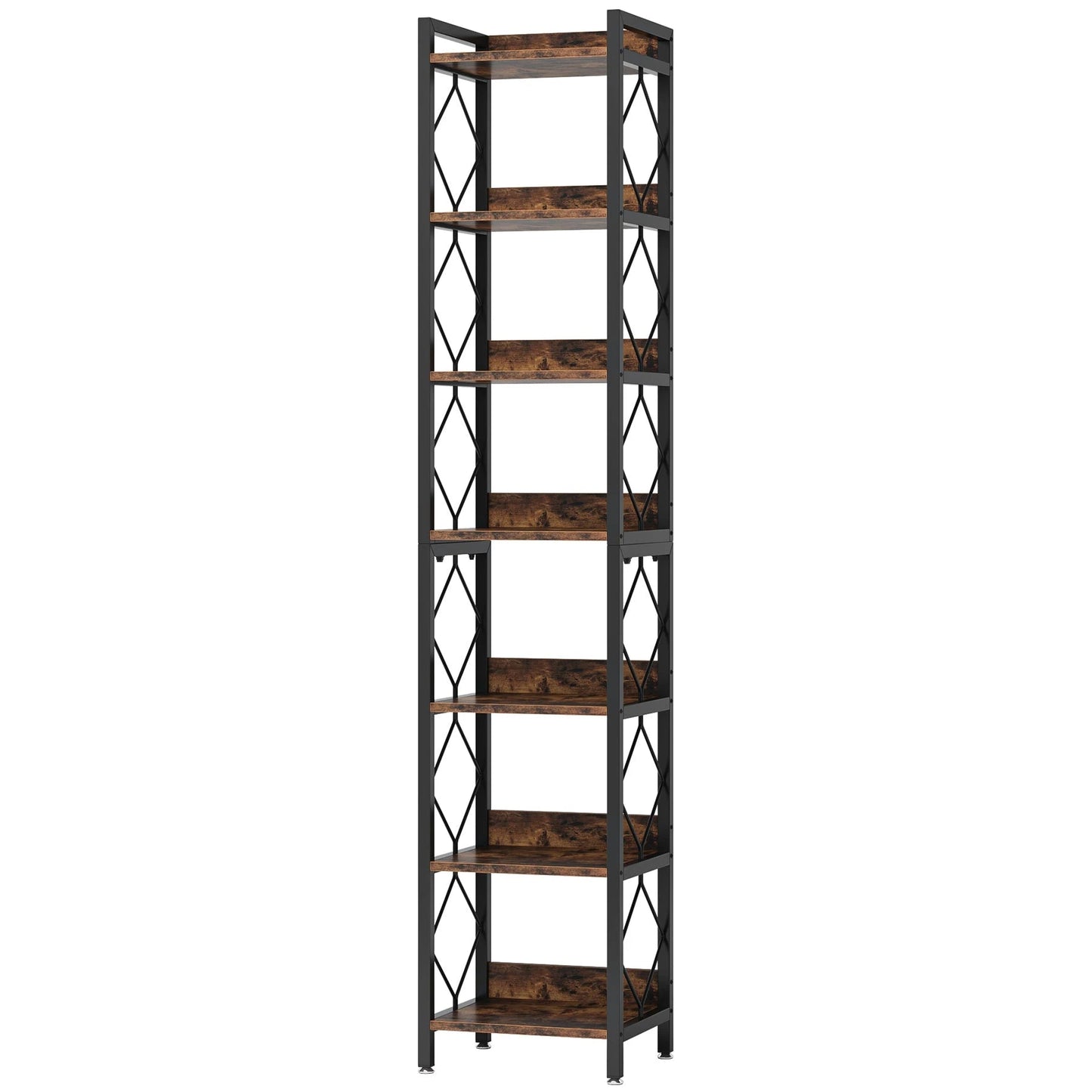 200cm Slim 6-Tier Industrial Bookshelf - Rustic Wood & Black Metal Display Tower