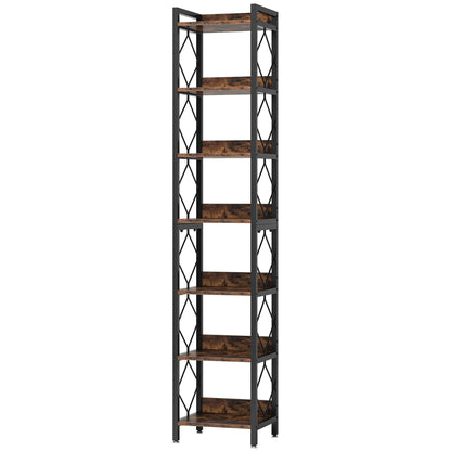 200cm Slim 6-Tier Industrial Bookshelf - Rustic Wood & Black Metal Display Tower