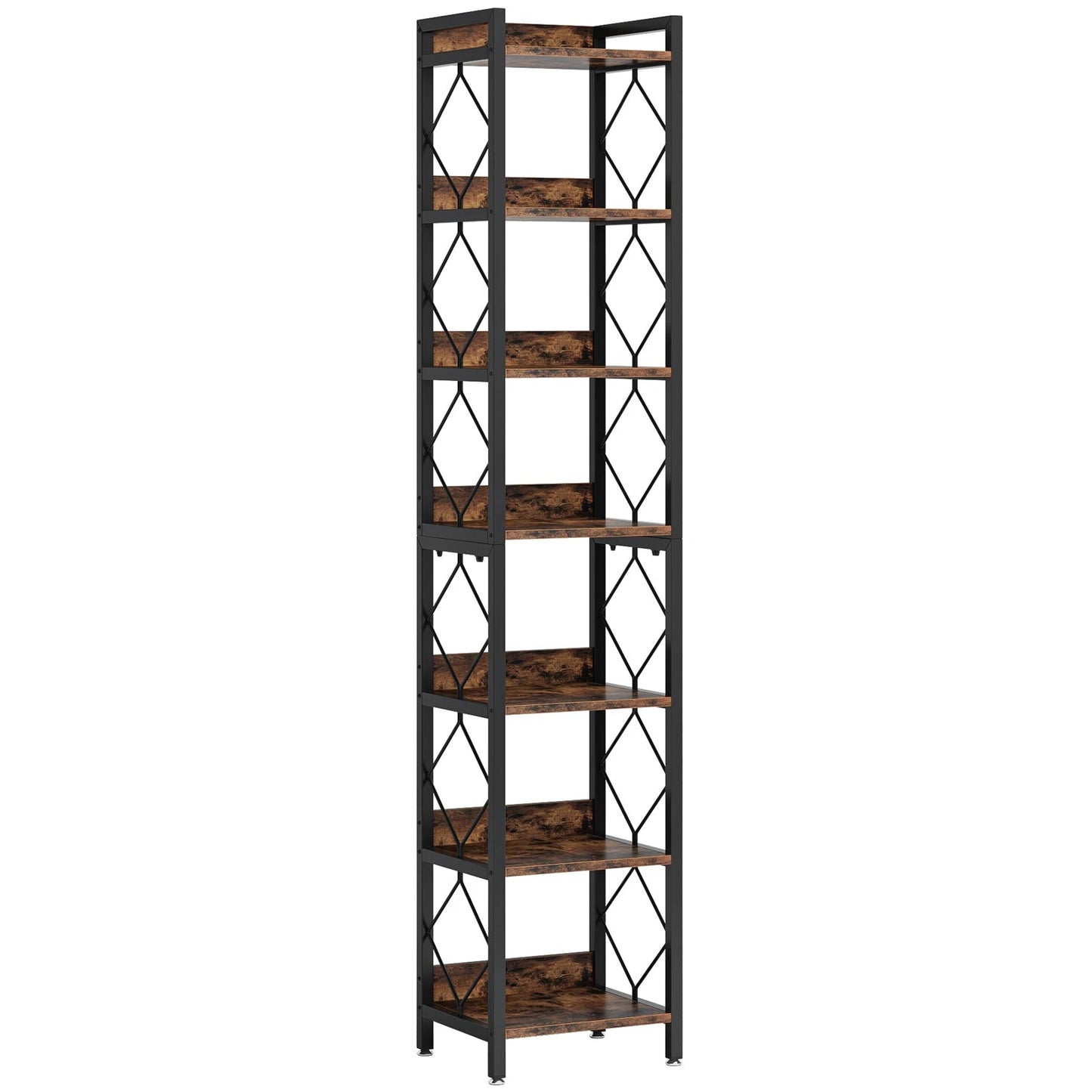 200cm Slim 6-Tier Industrial Bookshelf - Rustic Wood & Black Metal Display Tower