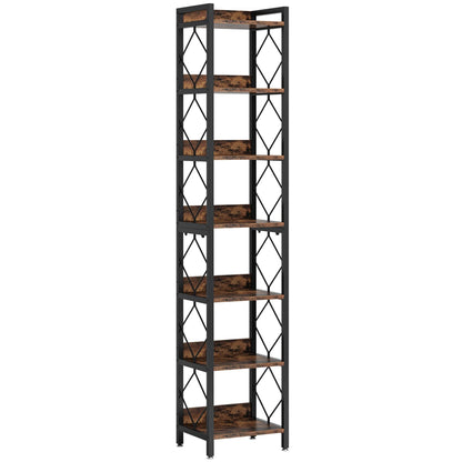 200cm Slim 6-Tier Industrial Bookshelf - Rustic Wood & Black Metal Display Tower