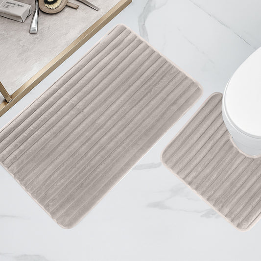 2 Piece Ribbed Bath Mat Set in Natural Extra Soft Non Slip Super Absorbent Bathroom & Toilet Mats Easy Care Rug by OLIVIA ROCCO