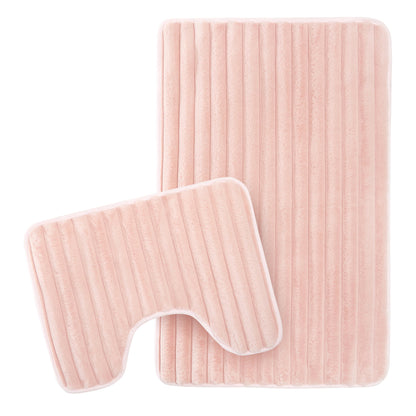 2 Piece Ribbed Bath Mat Set in Pink Extra Soft Non Slip Super Absorbent Bathroom & Toilet Mats Easy Care Rug by OLIVIA ROCCO