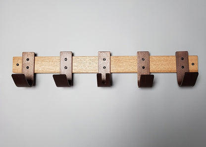 Designer Oak & Walnut Coat Rack with Key Storage - 5 Hooks