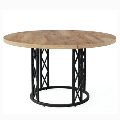 Industrial Round Dining Table - Rustic Wood Top with X-Frame Metal Pedestal