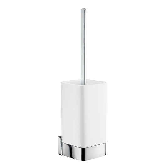 Bathroom toilet brush with white holder and silver handle on a white background