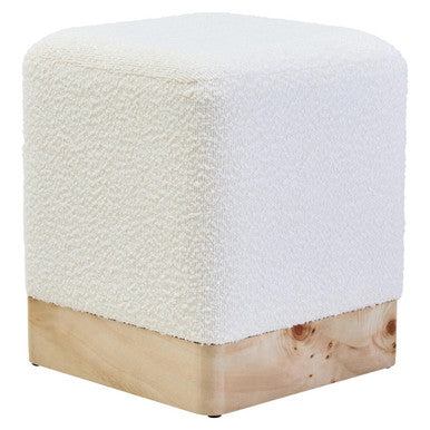 Mota Cream Boucle and Burl Wood Square Stool, 34 cm