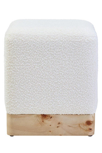 Mota Cream Boucle and Burl Wood Square Stool, 34 cm