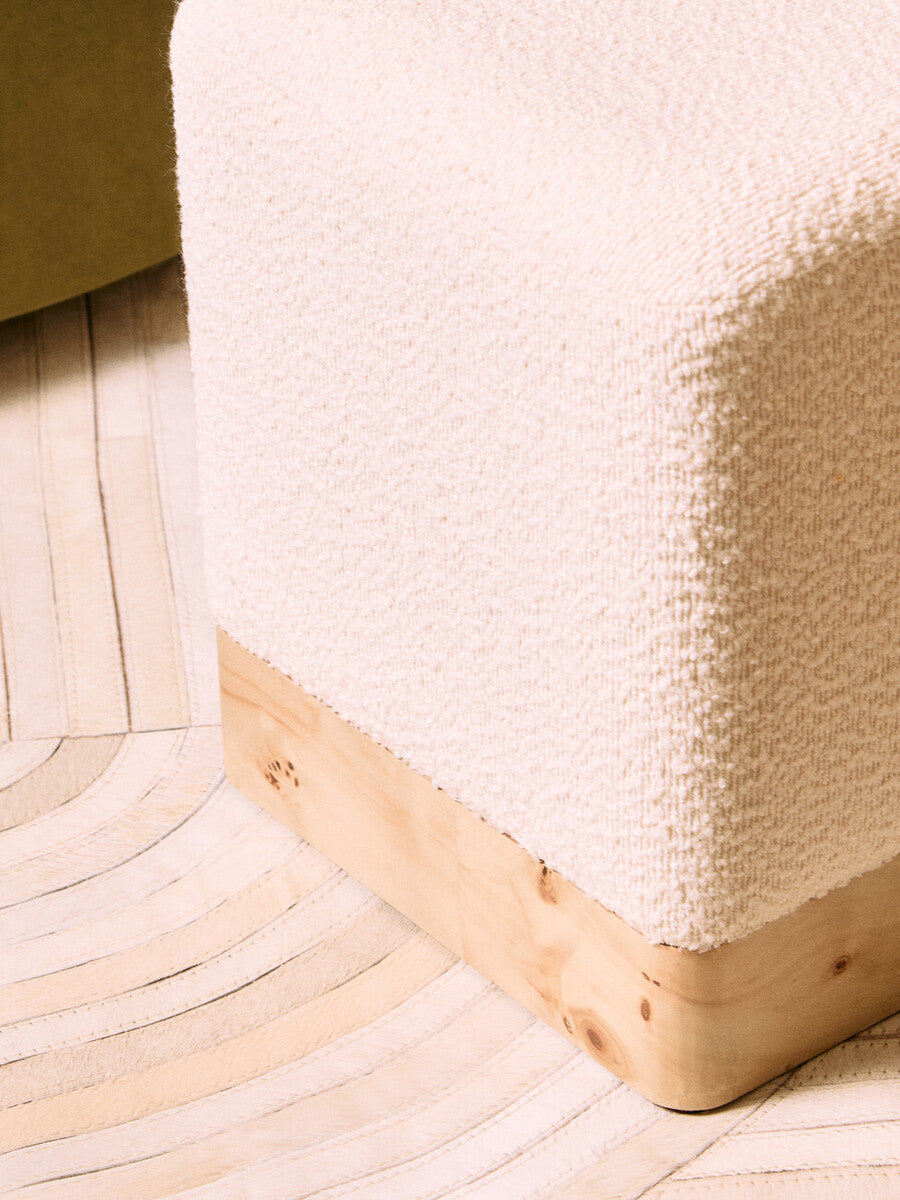Mota Cream Boucle and Burl Wood Square Stool, 34 cm