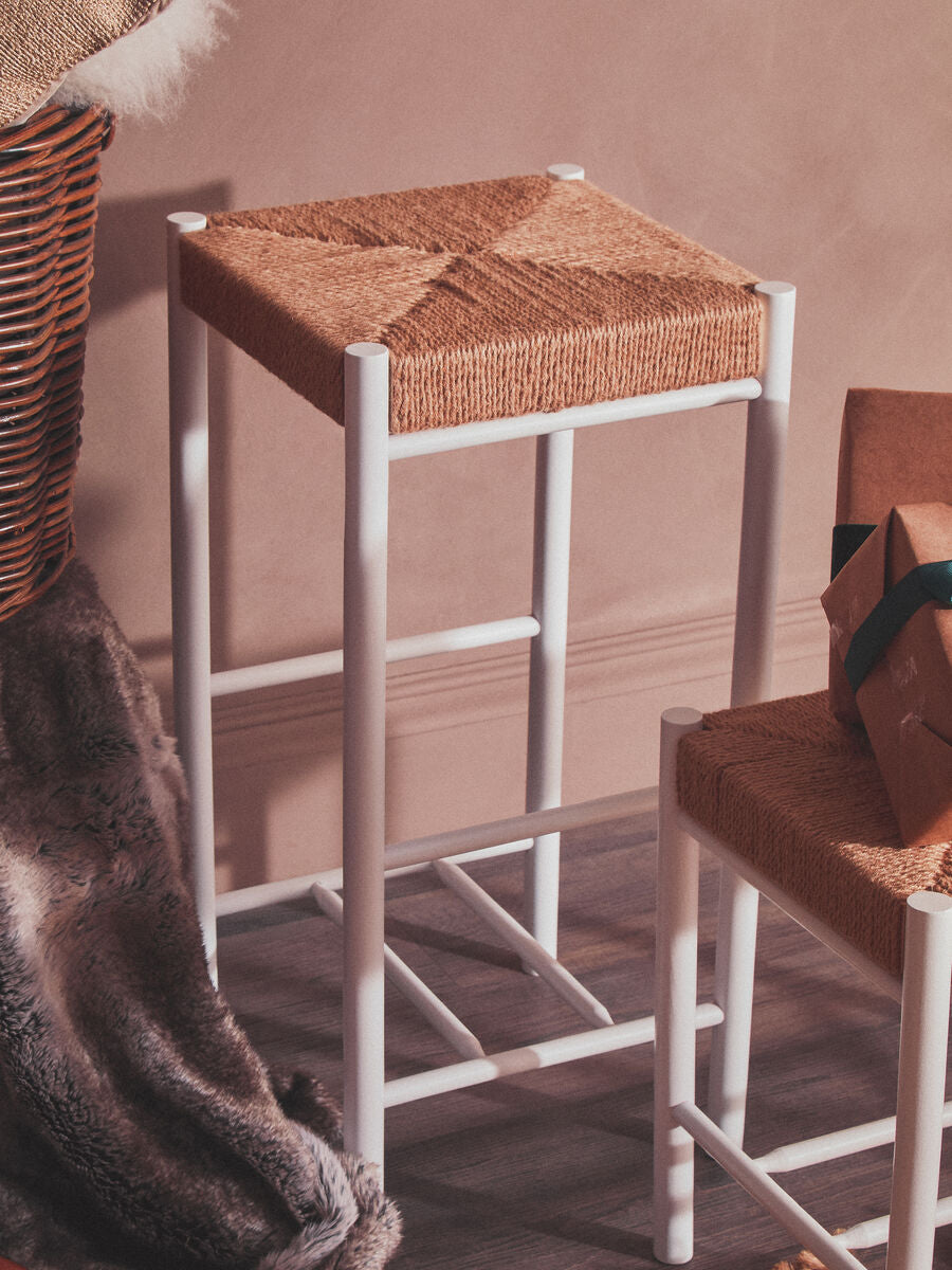 Bandar Natural Rope Woven Bar Stool with White Wooden Legs, 72 cm