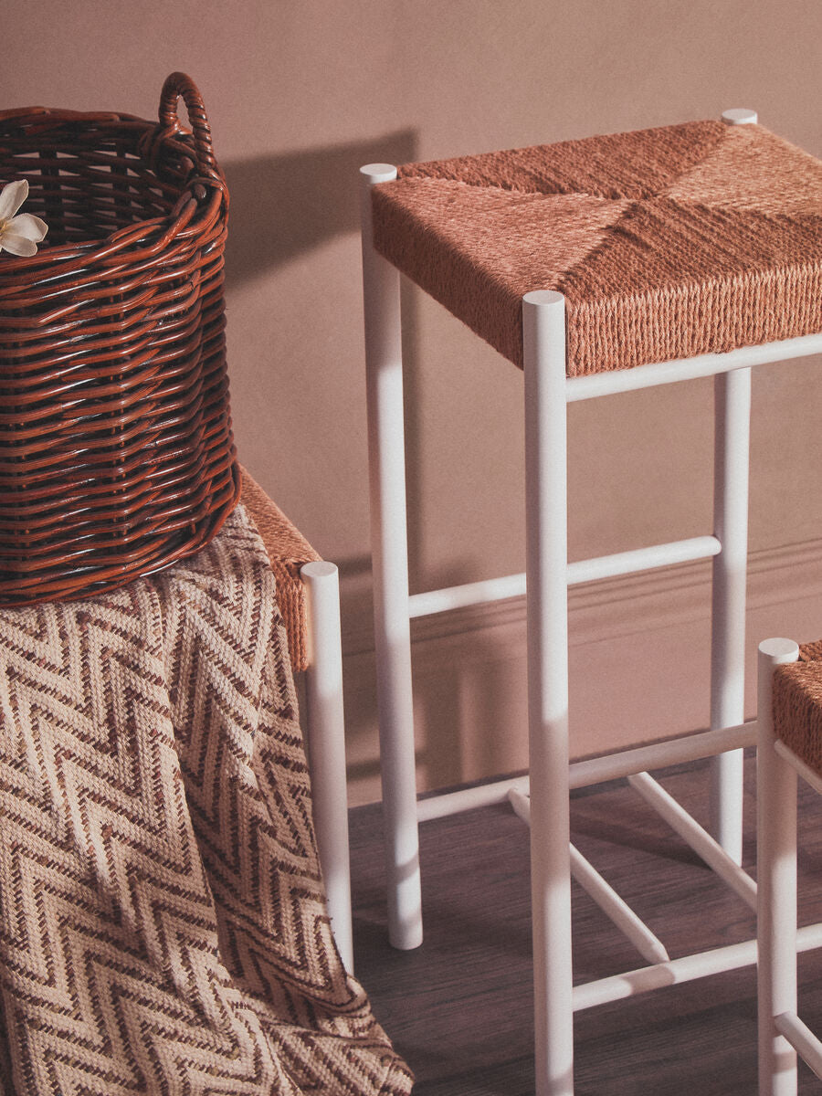 Bandar Natural Rope Woven Bar Stool with White Wooden Legs, 72 cm