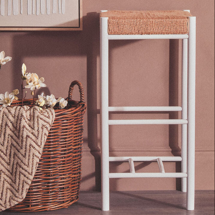 Bandar Natural Rope Woven Bar Stool with White Wooden Legs, 72 cm