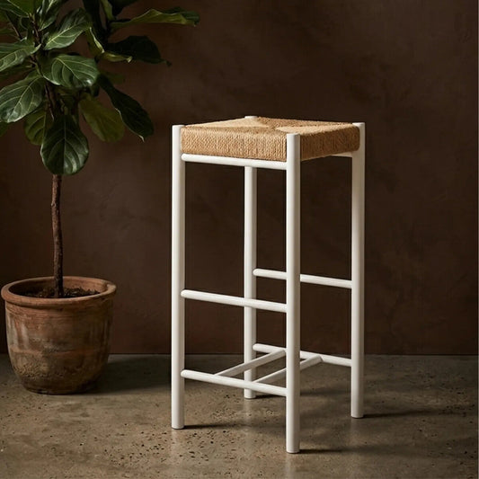 Bandar Natural Rope Woven Bar Stool with White Wooden Legs, 72 cm