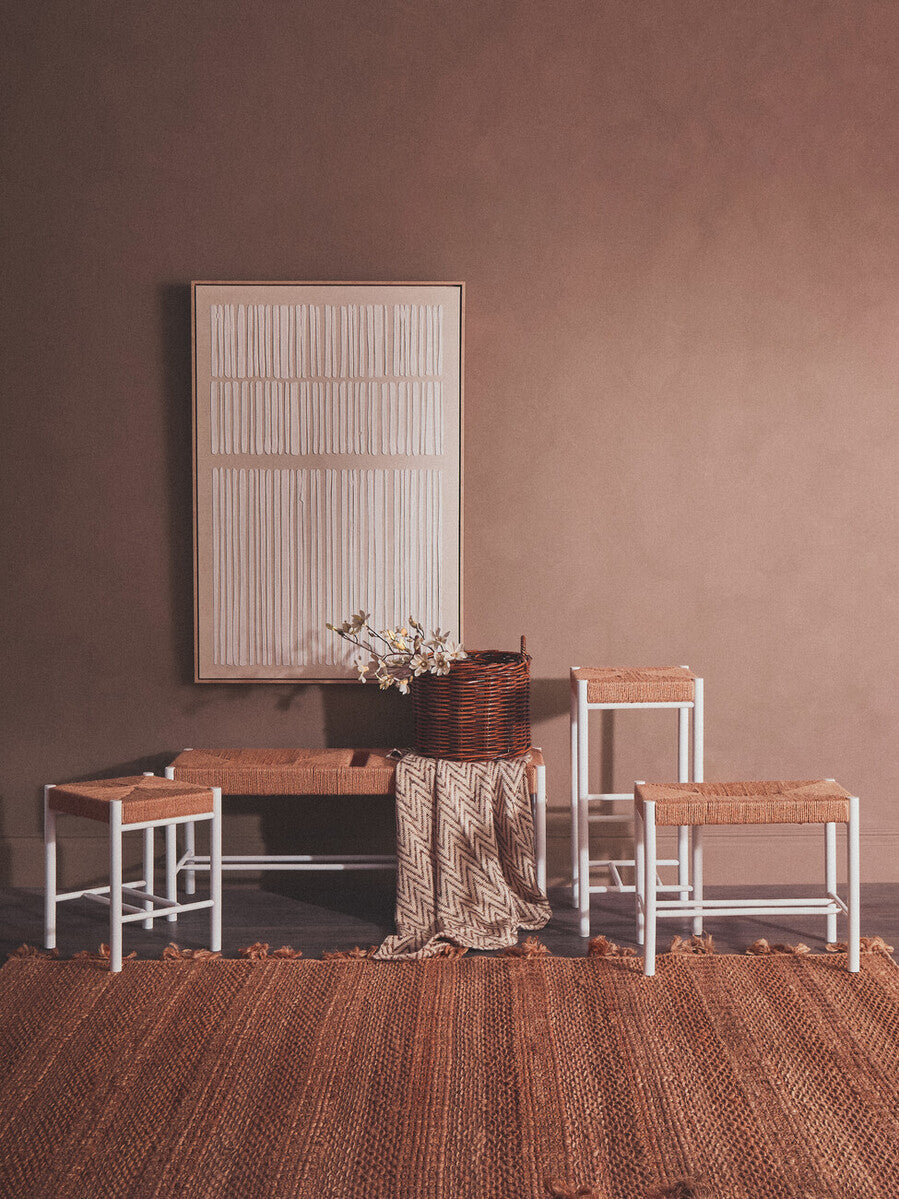 Bandar Natural Rope Woven Stool with White Wooden Legs, 45 cm