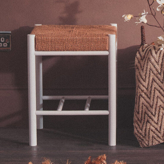Bandar Natural Rope Woven Stool with White Wooden Legs, 45 cm