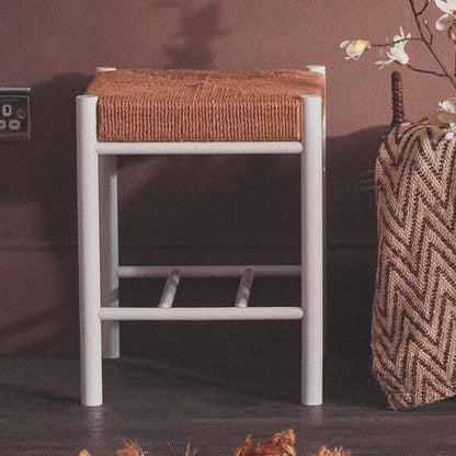 Bandar Natural Rope Woven Stool with White Wooden Legs, 45 cm