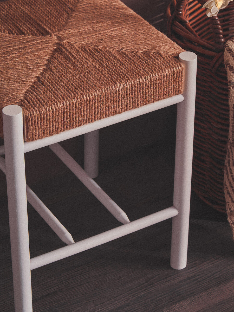 Bandar Natural Rope Woven Stool with White Wooden Legs, 45 cm