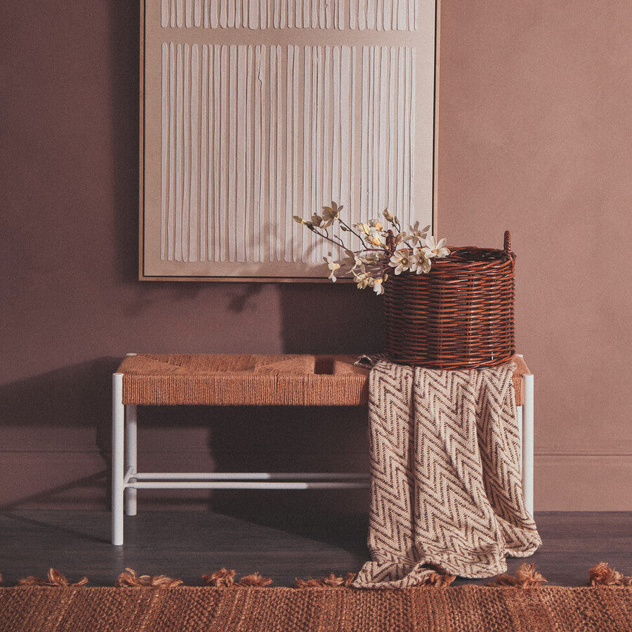 Bandar Natural Rope Woven Bench with White Wooden Legs, 110 cm