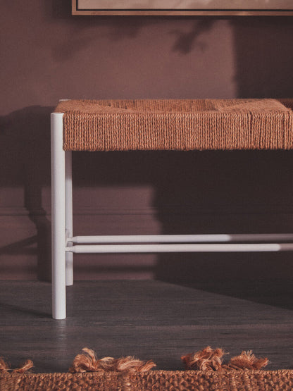 Bandar Natural Rope Woven Bench with White Wooden Legs, 110 cm