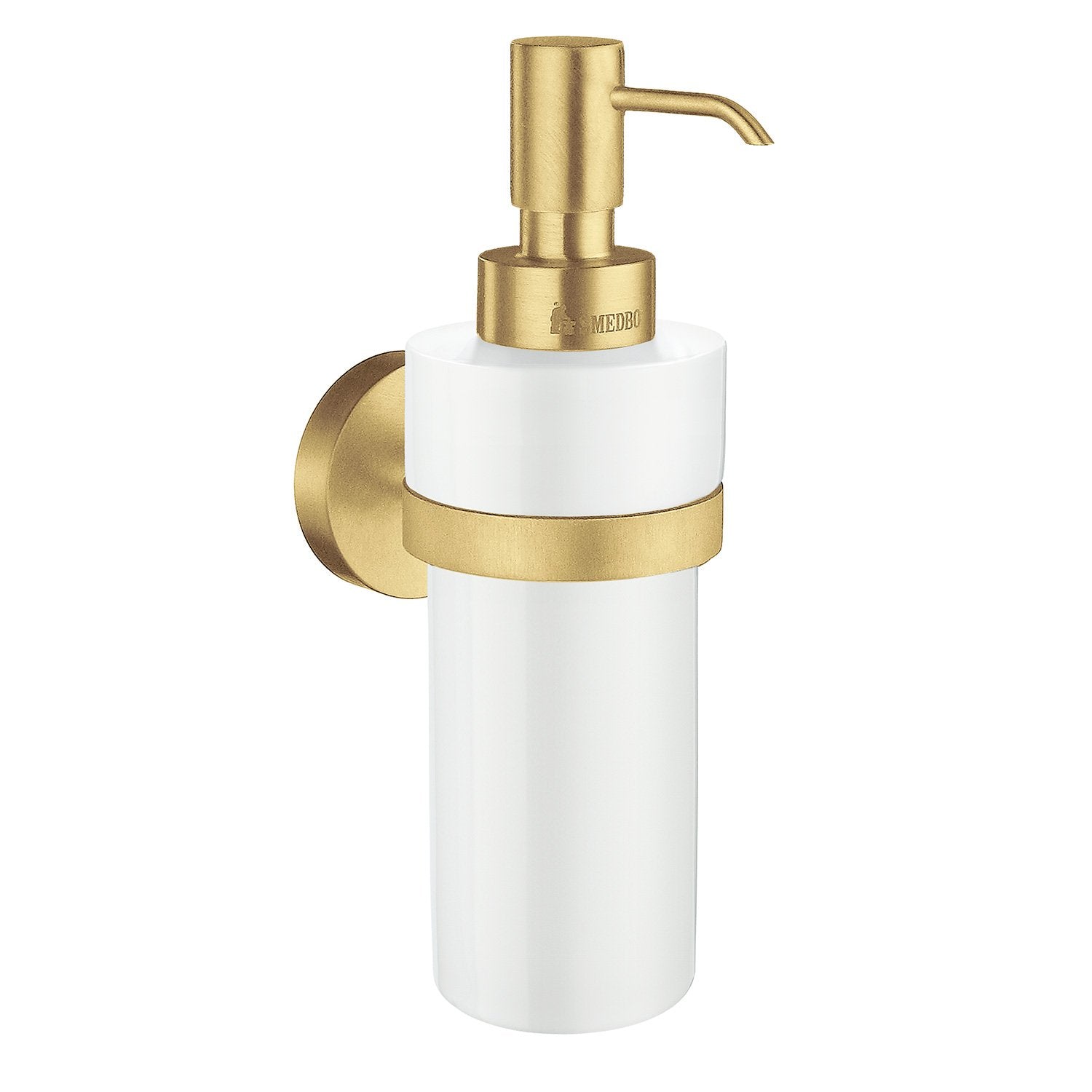 Wall-mounted soap dispenser with brushed brass pump and holder with a frosted glass container on a white background