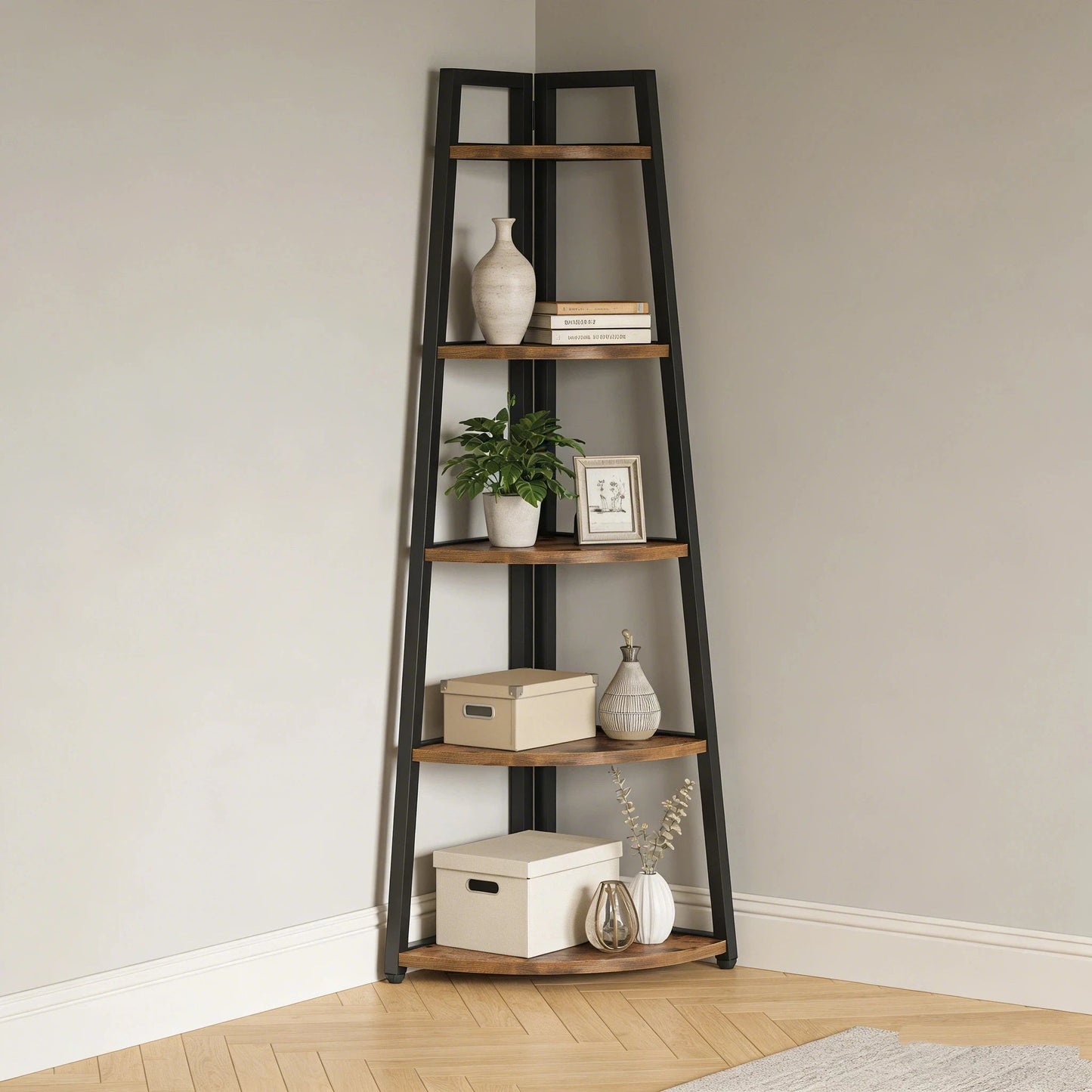 Industrial Corner Bookshelf & Display Rack with Black Metal A-Frame