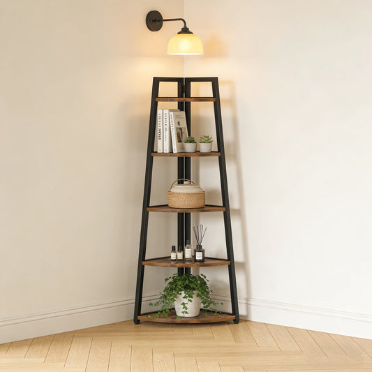 Industrial Corner Bookshelf & Display Rack with Black Metal A-Frame