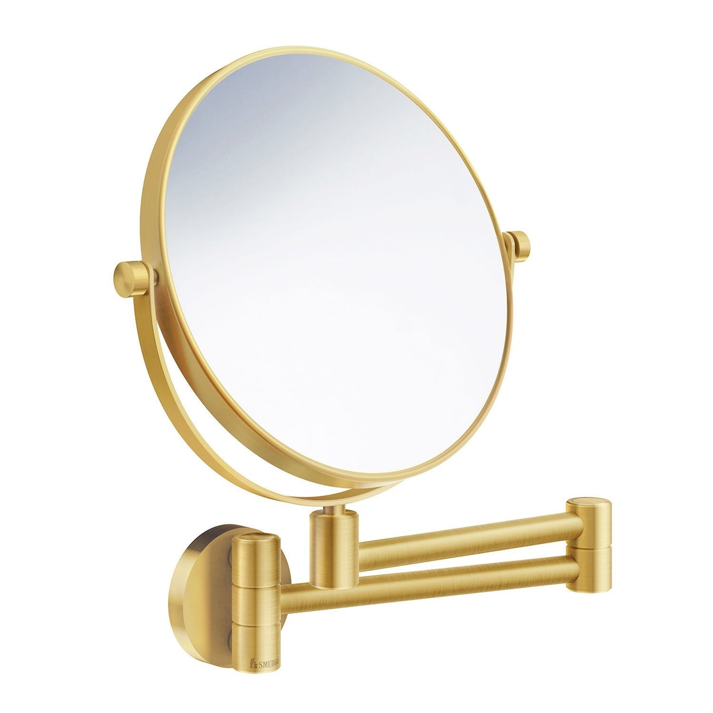 Gold wall-mounted makeup mirror with extendable arm on a white background