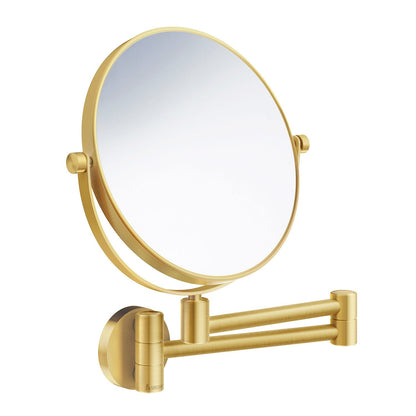 Gold wall-mounted makeup mirror with extendable arm on a white background