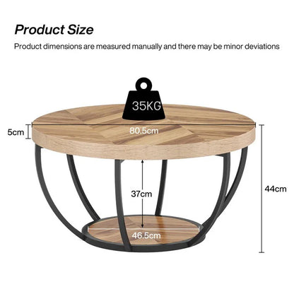 Round Wooden Coffee Table with 2-Tier Shelves