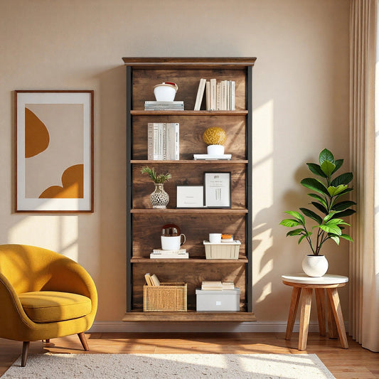180cm 5-Tier Rustic Industrial Bookcase - Large Open Shelf Display & Storage
