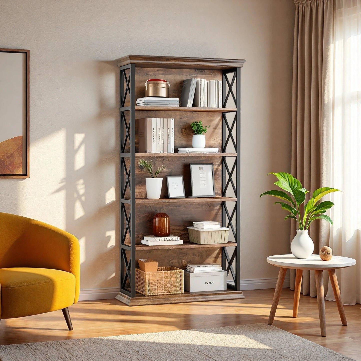 180cm 5-Tier Rustic Industrial Bookcase - Large Open Shelf Display & Storage