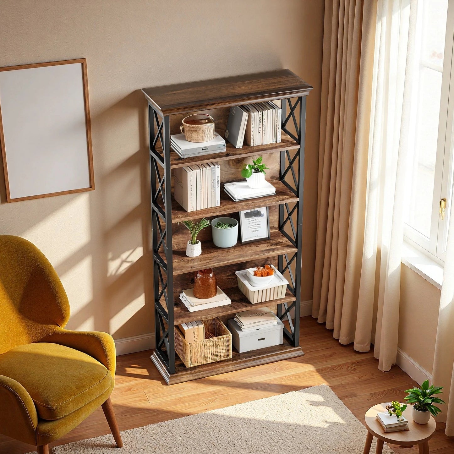 180cm 5-Tier Rustic Industrial Bookcase - Large Open Shelf Display & Storage