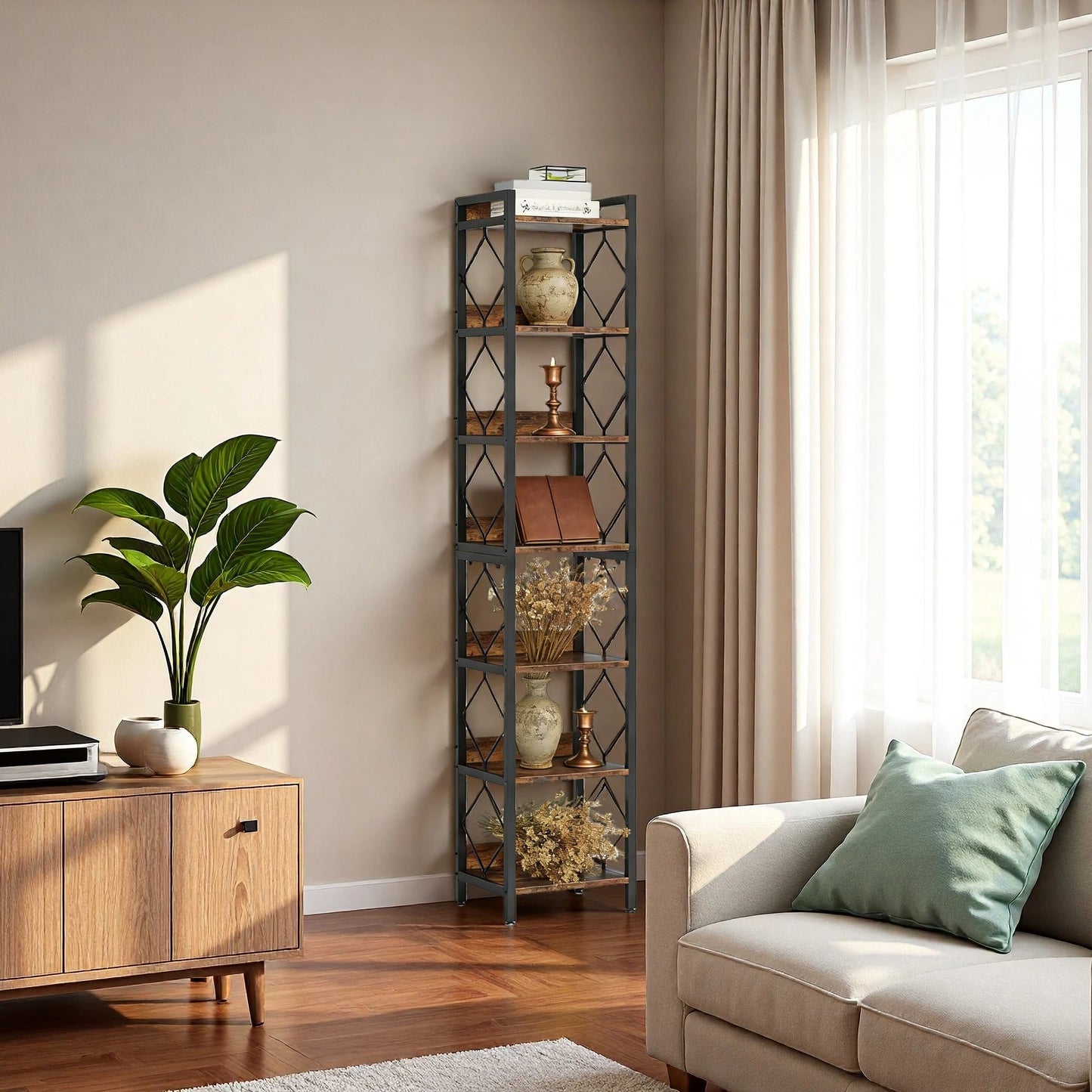 200cm Slim 6-Tier Industrial Bookshelf - Rustic Wood & Black Metal Display Tower
