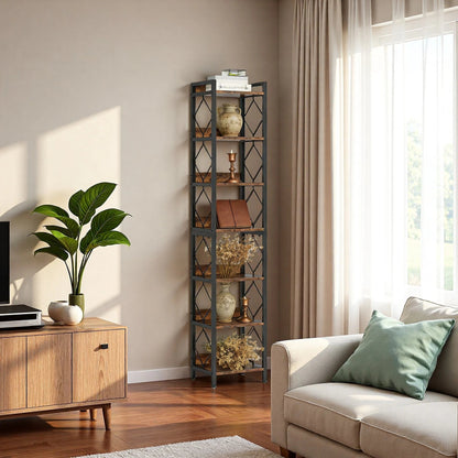 200cm Slim 6-Tier Industrial Bookshelf - Rustic Wood & Black Metal Display Tower