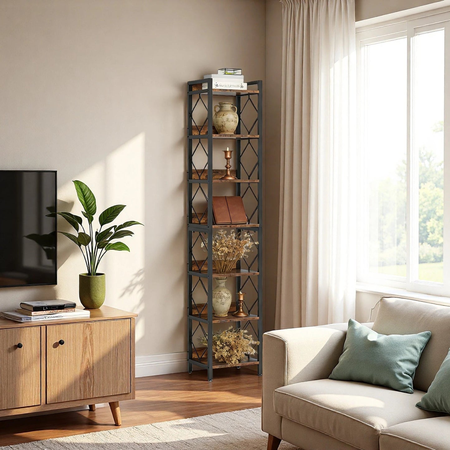 200cm Slim 6-Tier Industrial Bookshelf - Rustic Wood & Black Metal Display Tower
