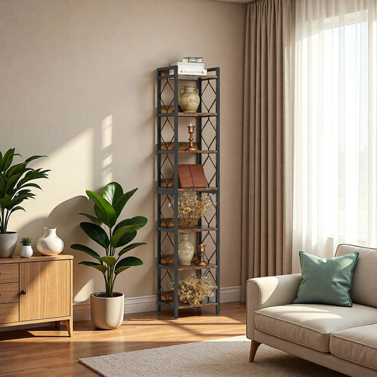 200cm Slim 6-Tier Industrial Bookshelf - Rustic Wood & Black Metal Display Tower