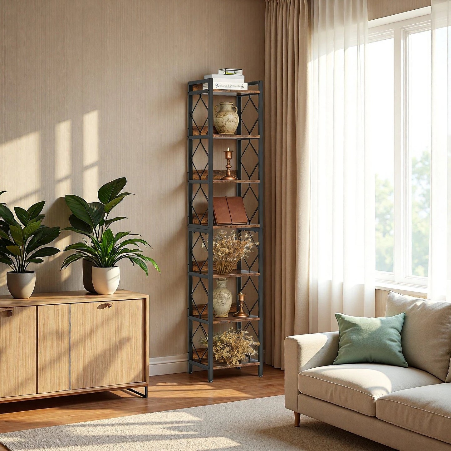 200cm Slim 6-Tier Industrial Bookshelf - Rustic Wood & Black Metal Display Tower
