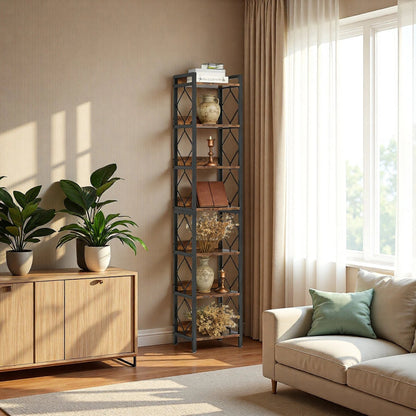 200cm Slim 6-Tier Industrial Bookshelf - Rustic Wood & Black Metal Display Tower