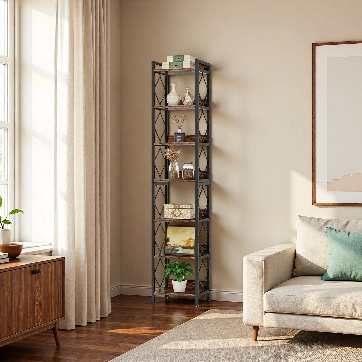 200cm Slim 6-Tier Industrial Bookshelf - Rustic Wood & Black Metal Display Tower