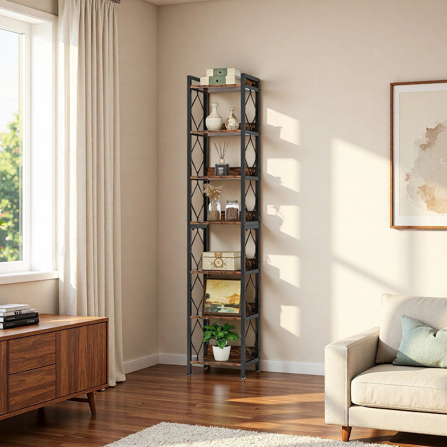 200cm Slim 6-Tier Industrial Bookshelf - Rustic Wood & Black Metal Display Tower