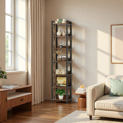 200cm Slim 6-Tier Industrial Bookshelf - Rustic Wood & Black Metal Display Tower