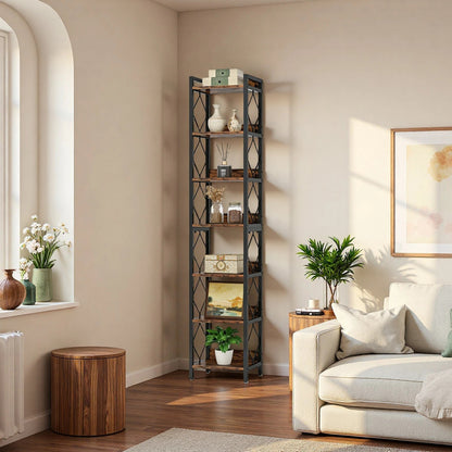 200cm Slim 6-Tier Industrial Bookshelf - Rustic Wood & Black Metal Display Tower