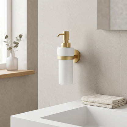 Bathroom setting with a wall-mounted soap dispenser and a sink.