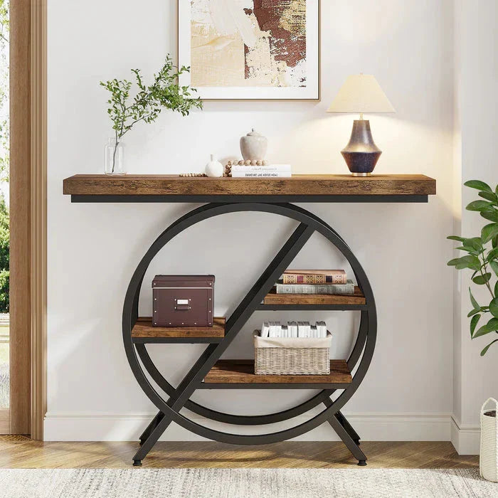 4-Tier Console Table, 100 cm Entryway Table with Geometric Metal Frame