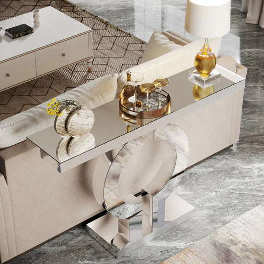 110cm Mirrored Console Table | Modern Silver Sofa Table with O-Shaped Base