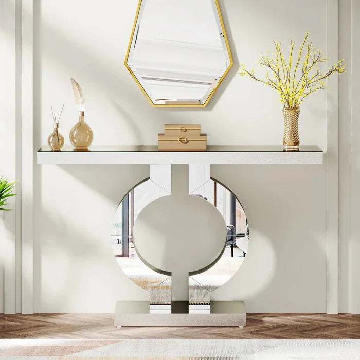 110cm Mirrored Console Table | Modern Silver Sofa Table with O-Shaped Base