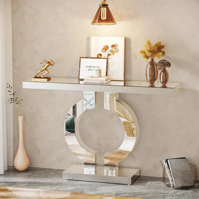 110cm Mirrored Console Table | Modern Silver Sofa Table with O-Shaped Base